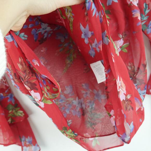 Cabi Devoted Blouse Medium Red Floral Chiffon Bell Sleeve Feminine Romantic - Picture 6 of 8
